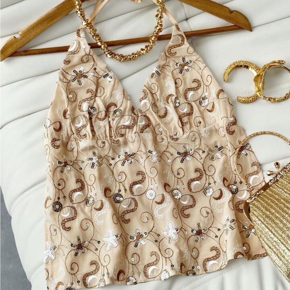 NWOT Sequin Embroidered Halter Top